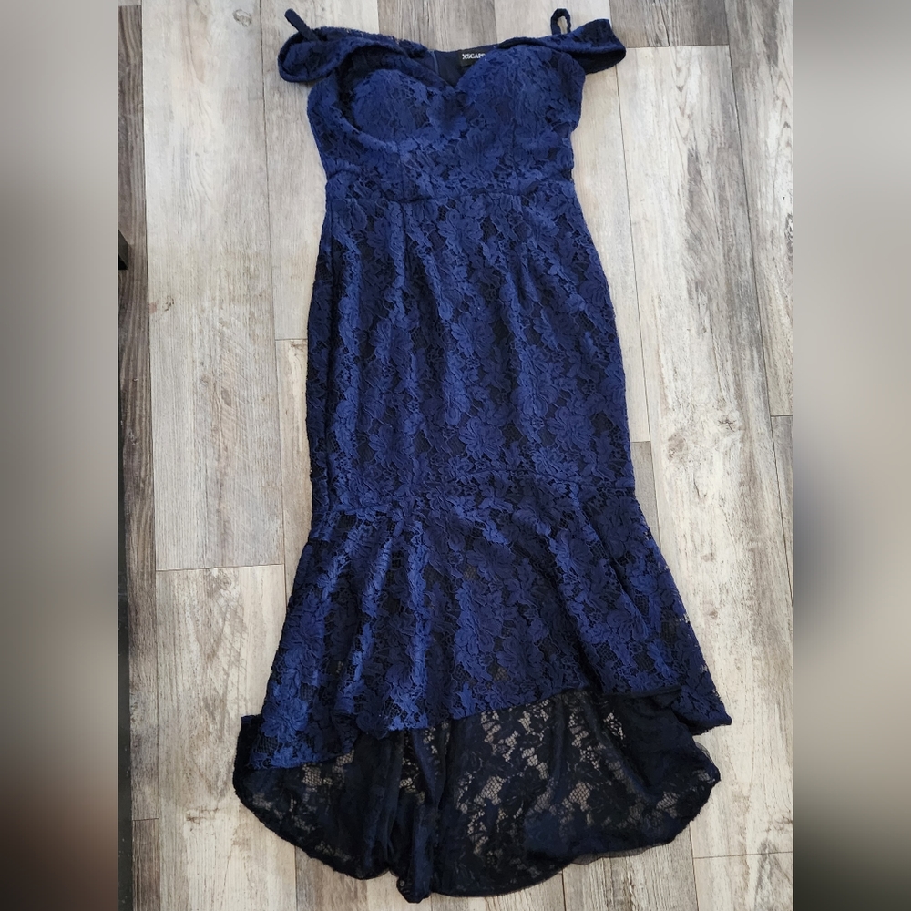 Xscape Off-the-Shoulder High Low Floral Flouce Lace Dress- Navy Blue - Picture 2 of 12